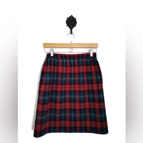 Vintage Graff Plaid Red Turquoise And Black Elastic Waist Skirt Size 10 - Picture 2 of 5